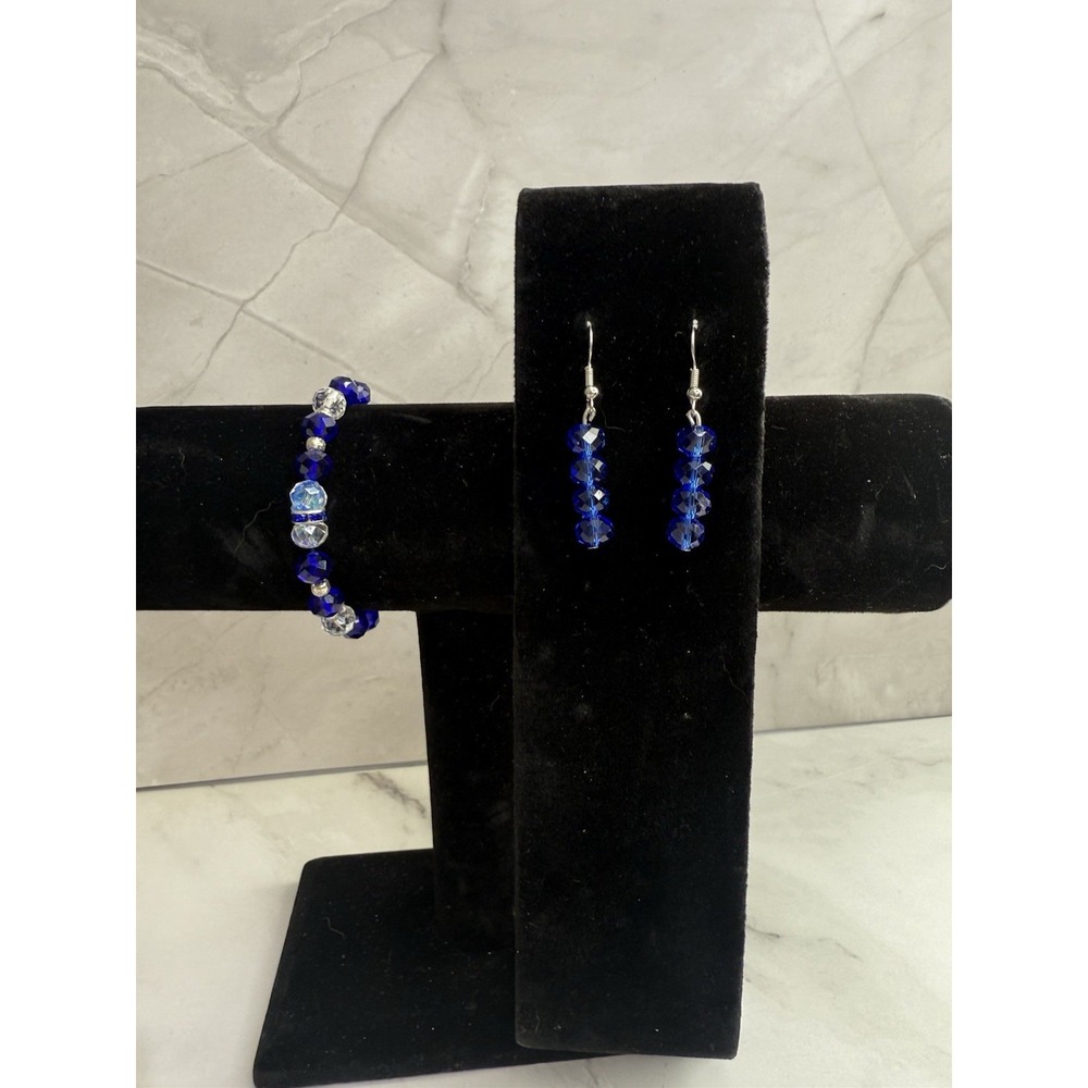 Blue, clear and silvebeaded jewelry set‎ handmade bracelet and earrings